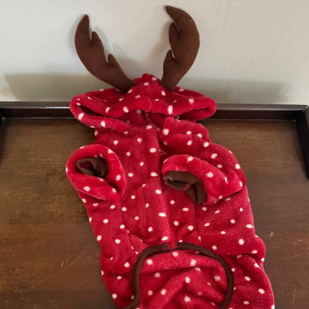 Festive Red Polka Dot Dog Outfit with Antlers Reindeer
